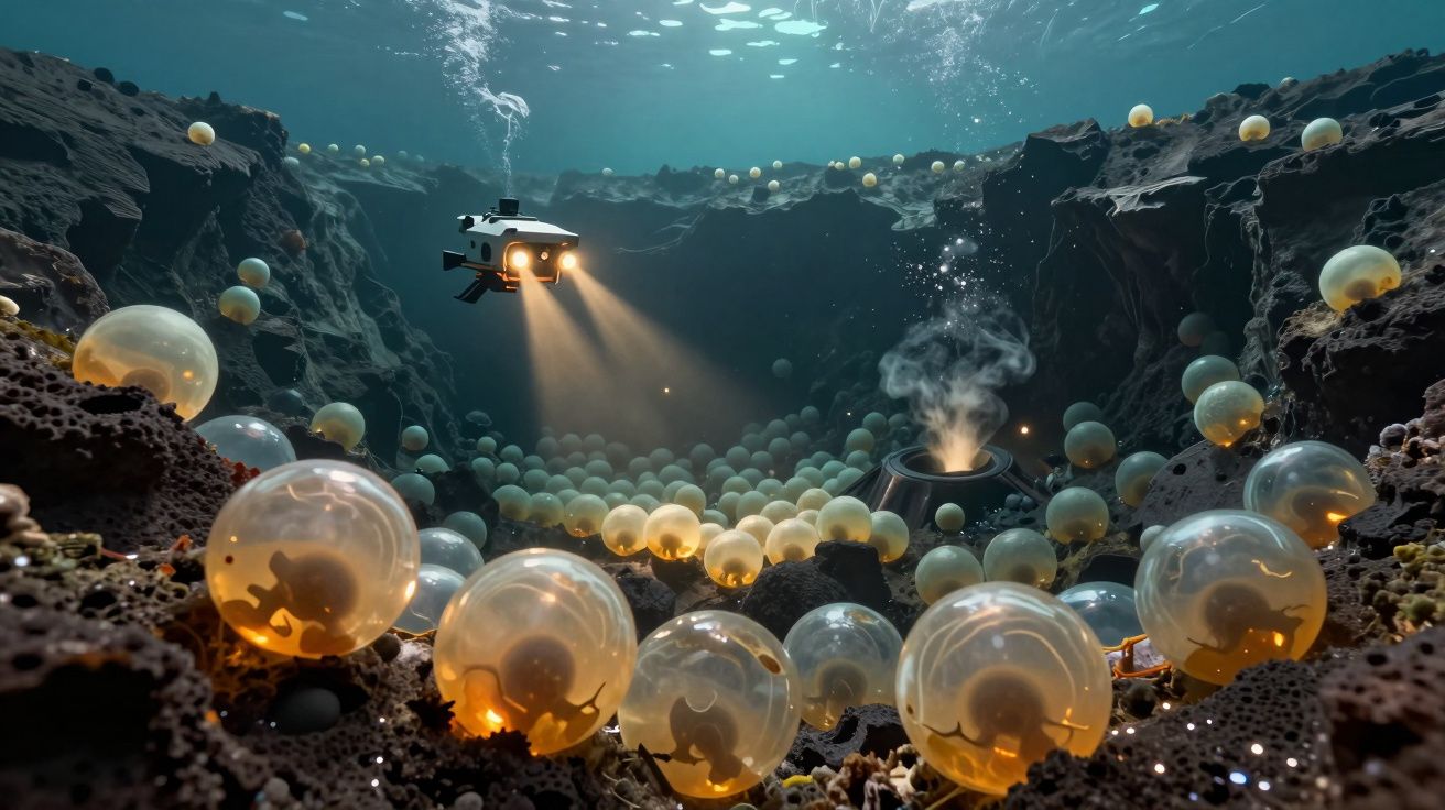 Veículo subaquático explora embriões dentro de cápsulas transparentes em ambiente rochoso submerso.