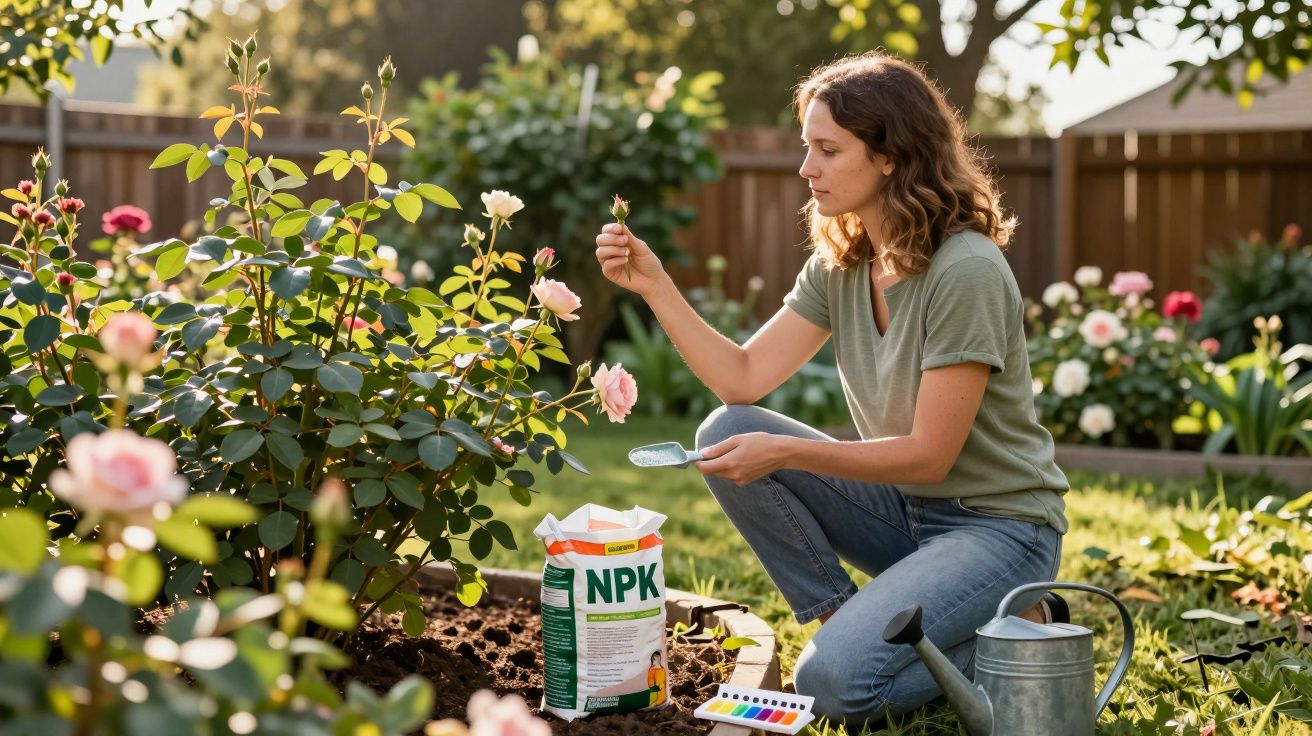 Mulher a cultivar rosas num jardim, segurando uma flor e com fertilizante NPK ao lado.