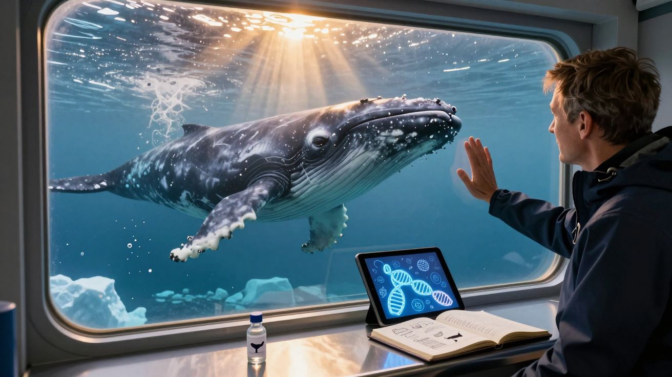 Homem observa baleia através de janela submarina com tablet e livro numa mesa.