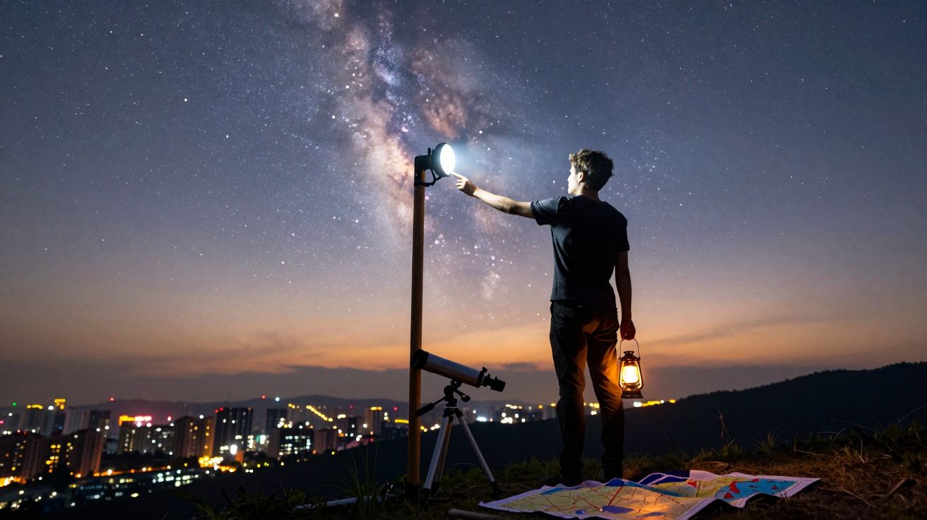 Homem segura lanterna e toca luminária sob o céu estrelado e a Via Láctea com cidade iluminada ao fundo.