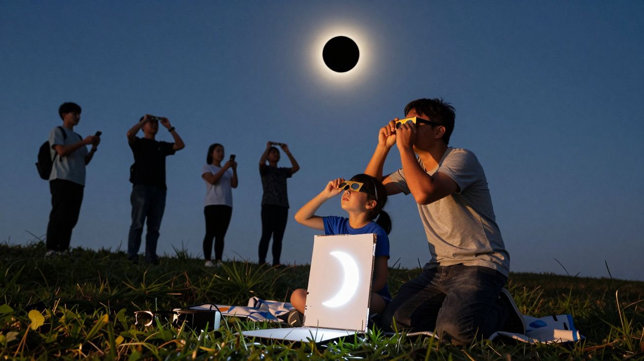 Pessoas com óculos especiais observam eclipse solar total ao ar livre numa área com relva ao anoitecer.