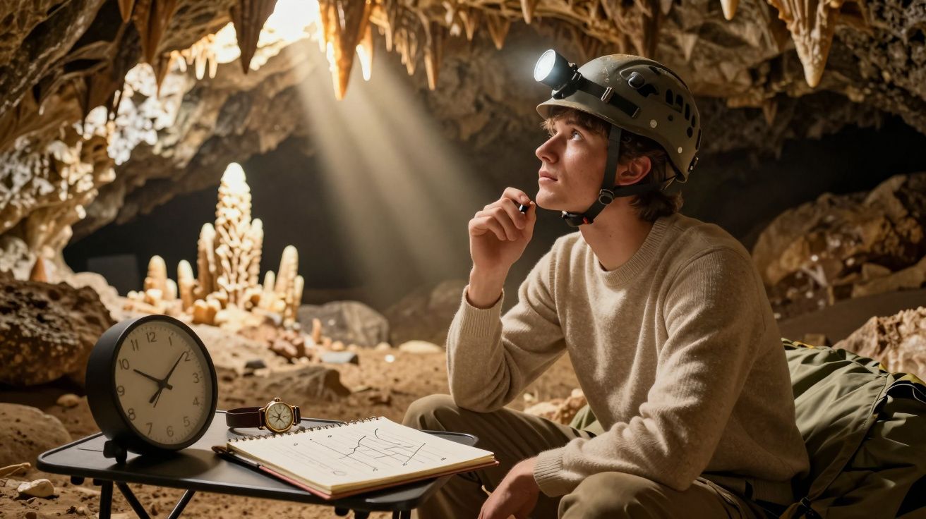 Homem com capacete e luz de cabeça estuda mapas e relógios dentro de uma caverna iluminada por luz natural.