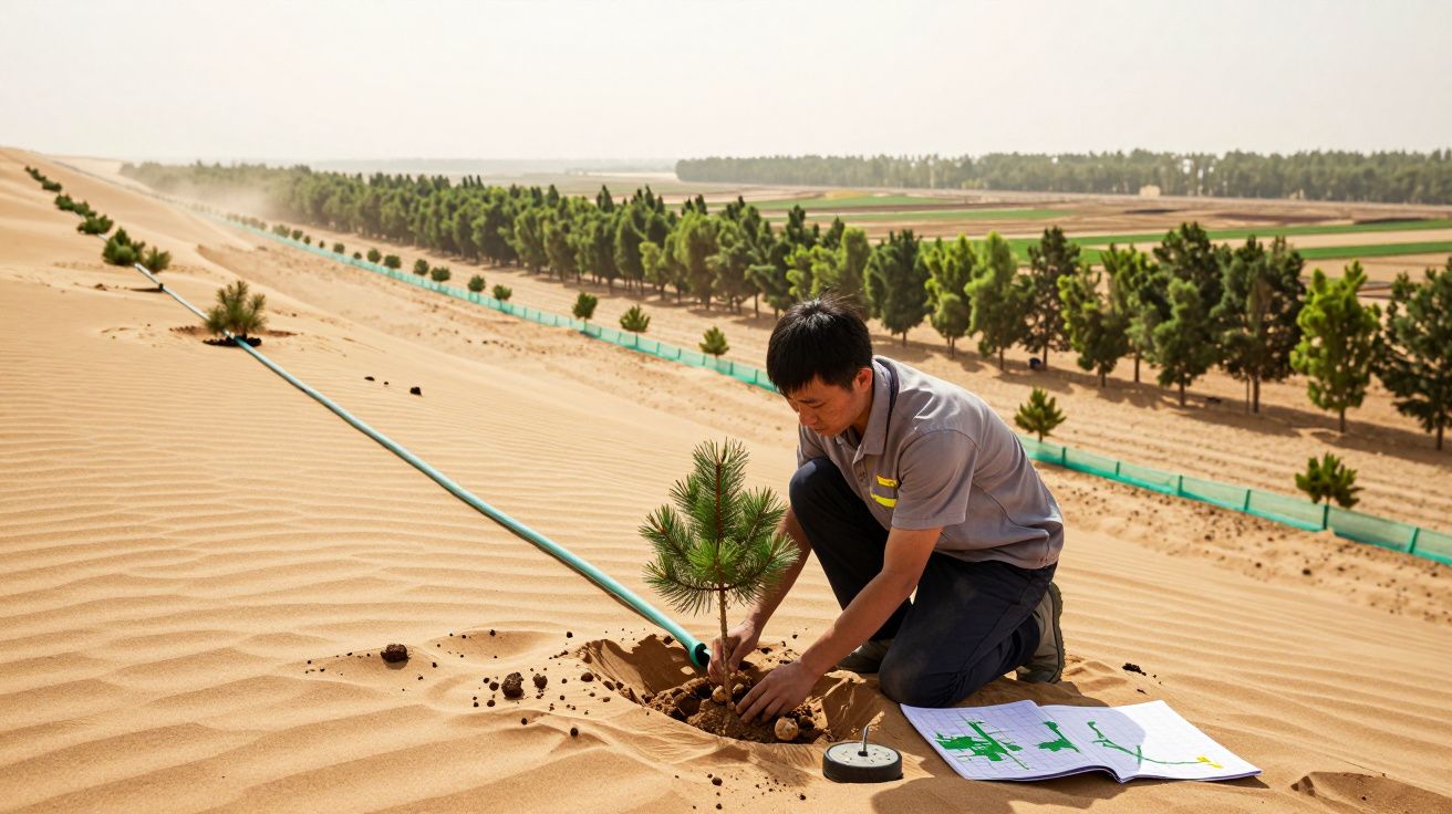 Homem planta árvore numa área desértica com fileiras de árvores ao fundo e rega por tubos azuis.