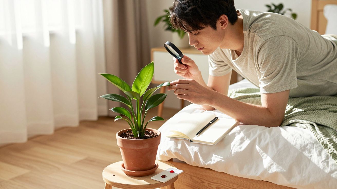 Pessoa a examinar planta em vaso com lupa, deitada numa cama, com caderno e caneta ao lado.