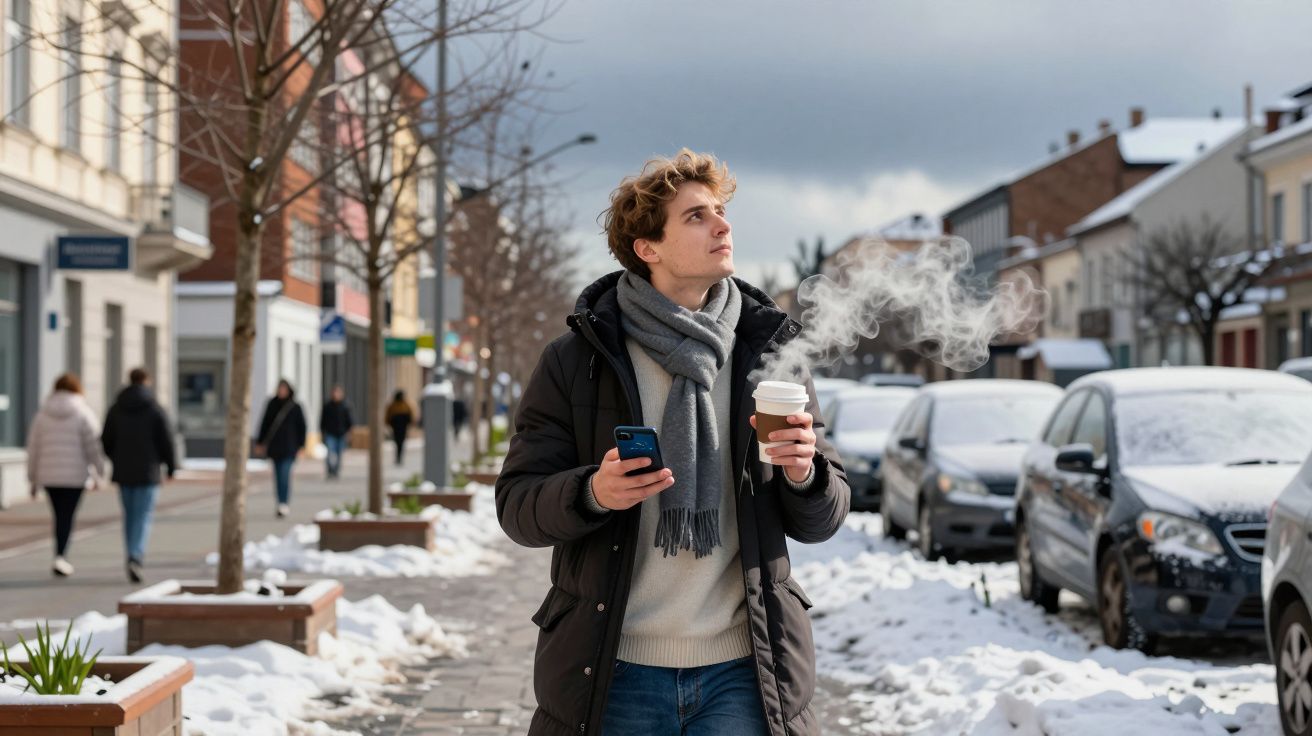 Homem jovem com cachecol a andar na rua com chá quente e telemóvel, neve nas calçadas e carros estacionados.