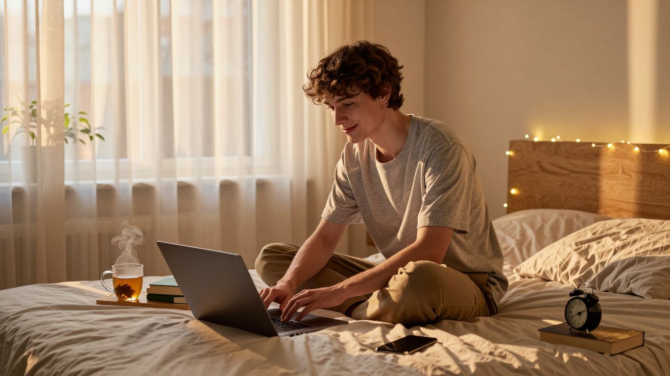 Jovem sentado na cama a usar o portátil num quarto iluminado pela luz natural da manhã.