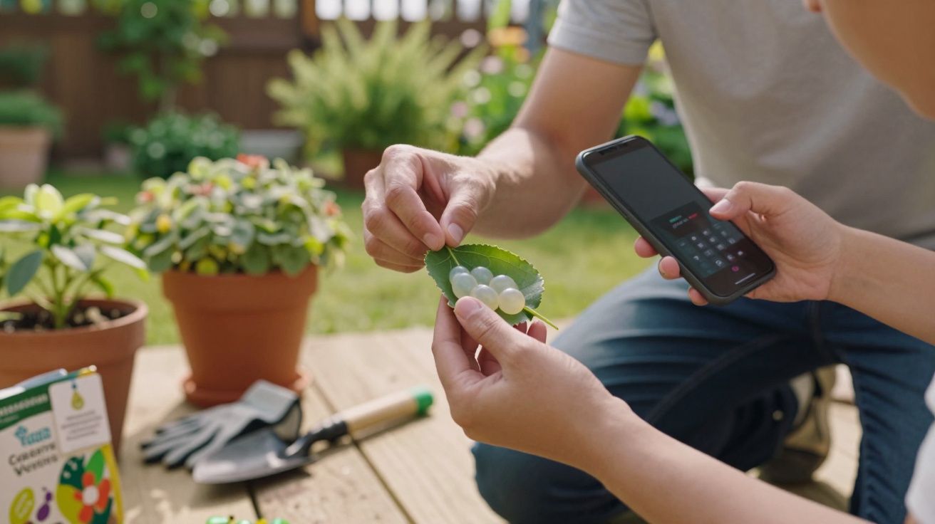 Duas pessoas seguram uma folha com cápsulas gelatinosas em jardim com vasos e ferramentas de jardinagem.