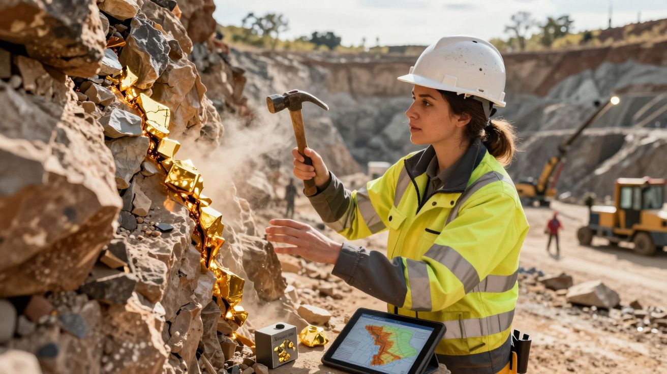 Mulher com capacete e colete de segurança a extrair ouro em mina a céu aberto com martelo.