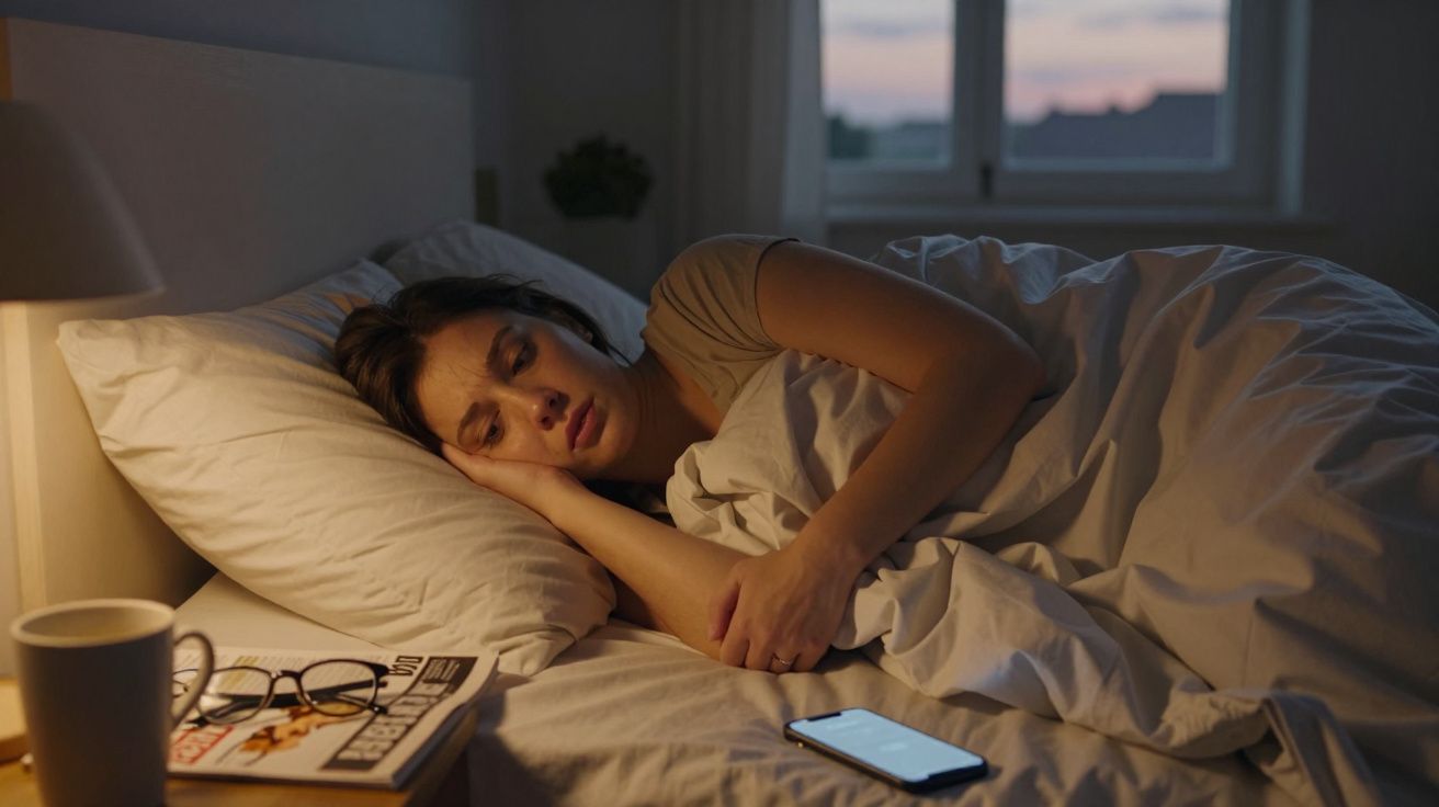 Mulher deitada na cama, acordada, olhando para o telemóvel com luz suave do quarto ao entardecer.
