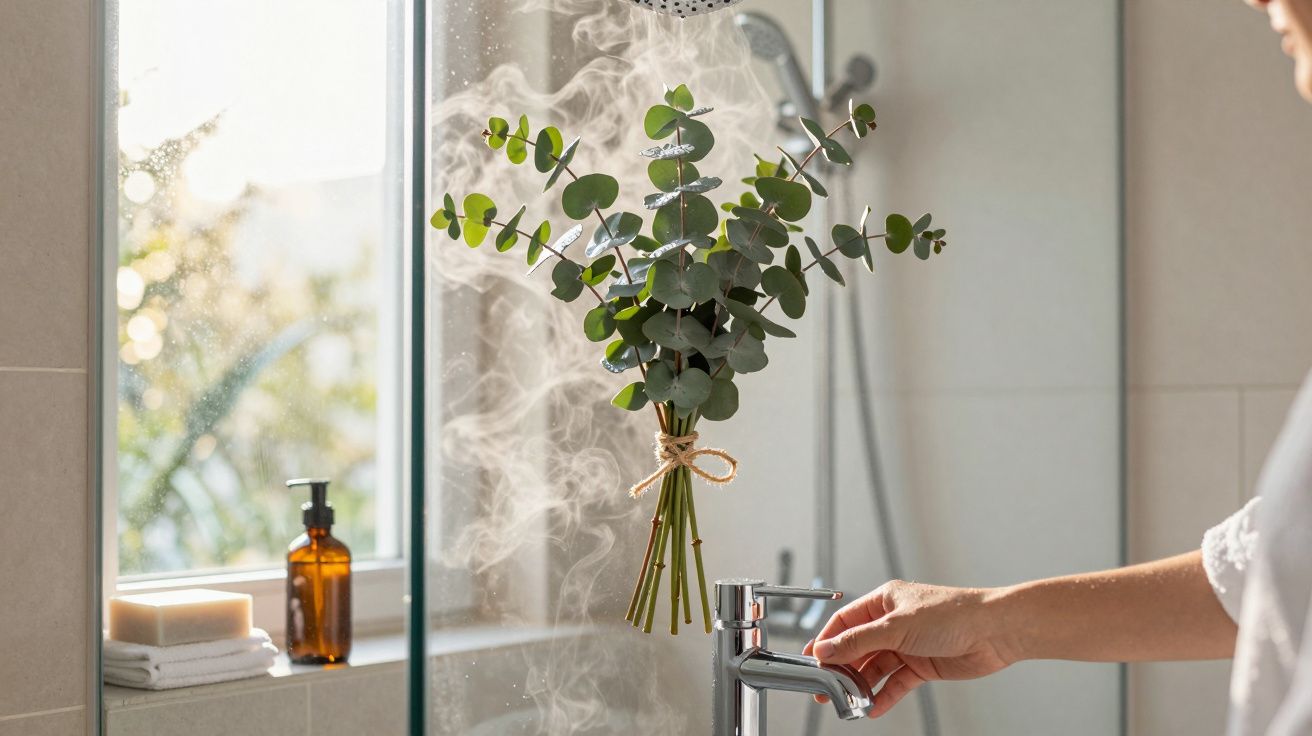 Ramo de eucalipto suspenso emitindo vapor durante banho quente, com mão ajustando torneira numa casa de banho moderna.