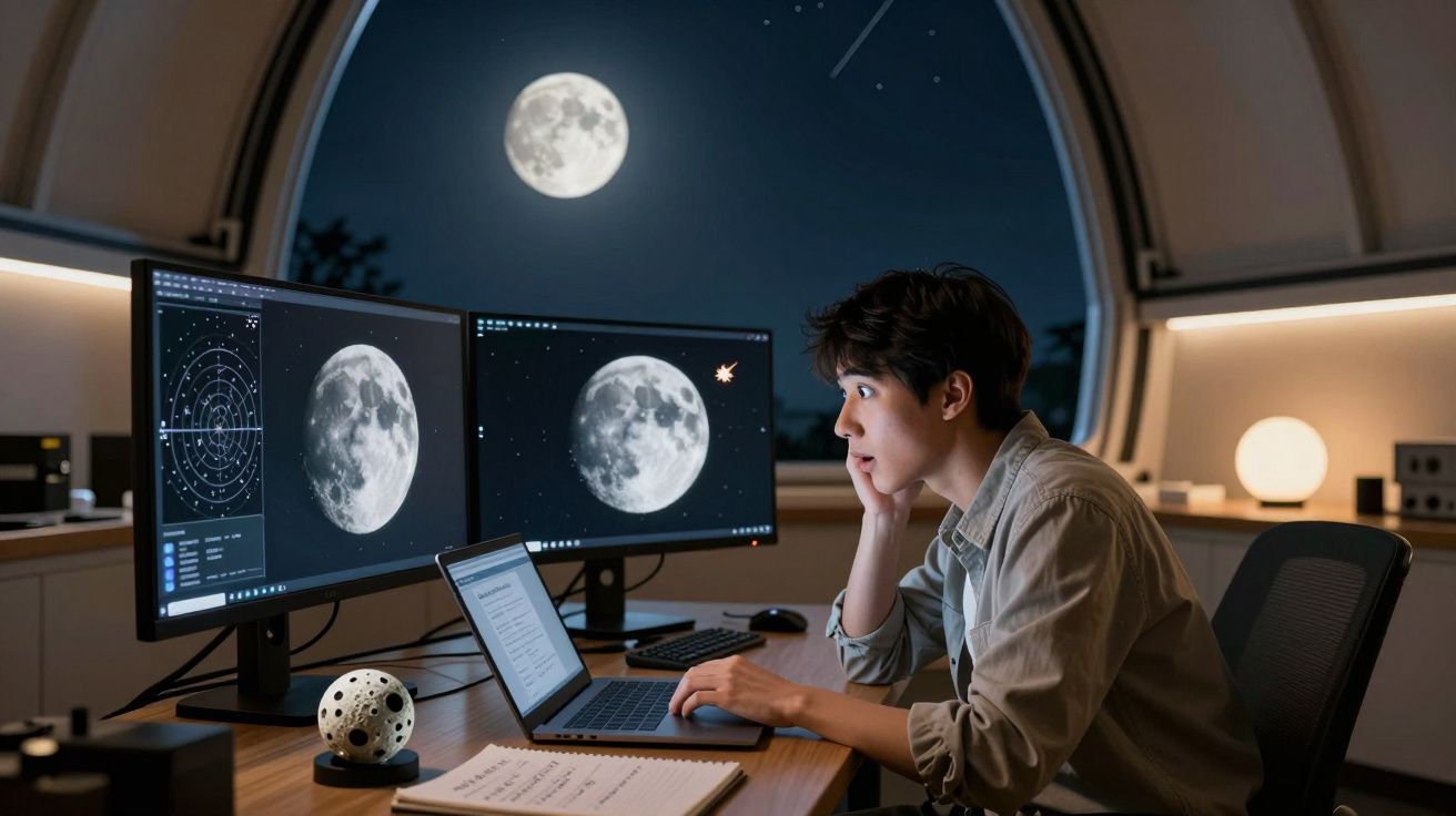 Jovem a observar imagens da Lua num computador com a Lua cheia visível através da janela da cúpula.
