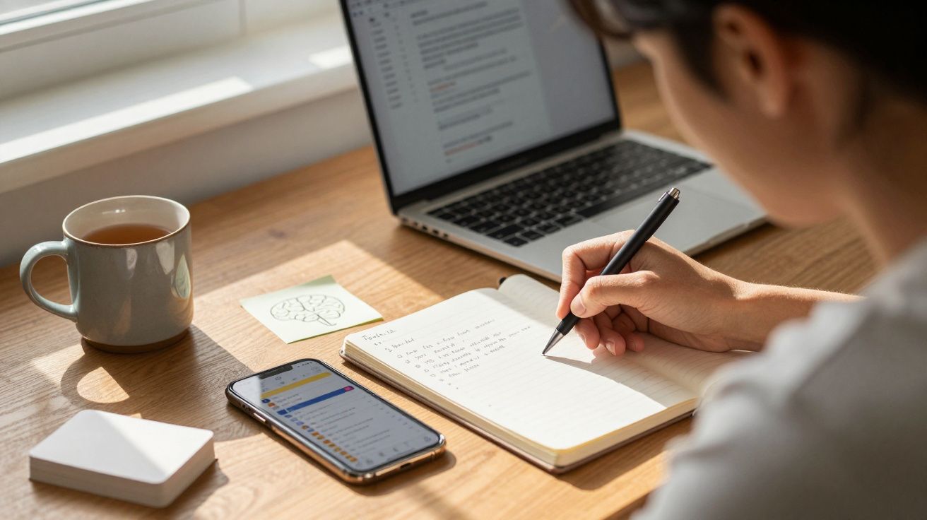 Pessoa a escrever num caderno com portátil, smartphone, chá e post-it numa mesa em ambiente iluminado.
