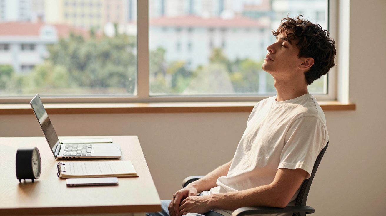 Jovem sentado a relaxar numa cadeira de escritório junto à secretária com computador portátil aberto.