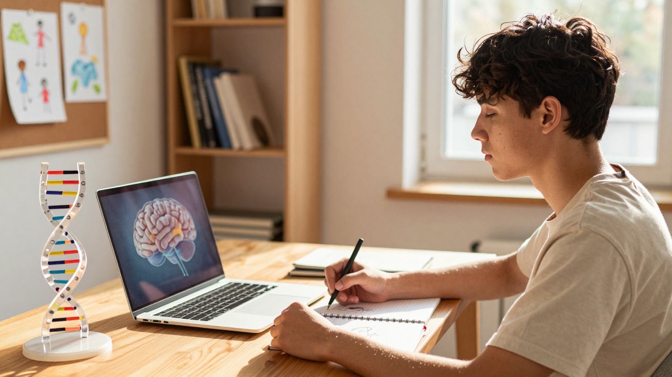 Jovem a estudar numa secretária com imagem do cérebro e modelo de ADN ao lado.