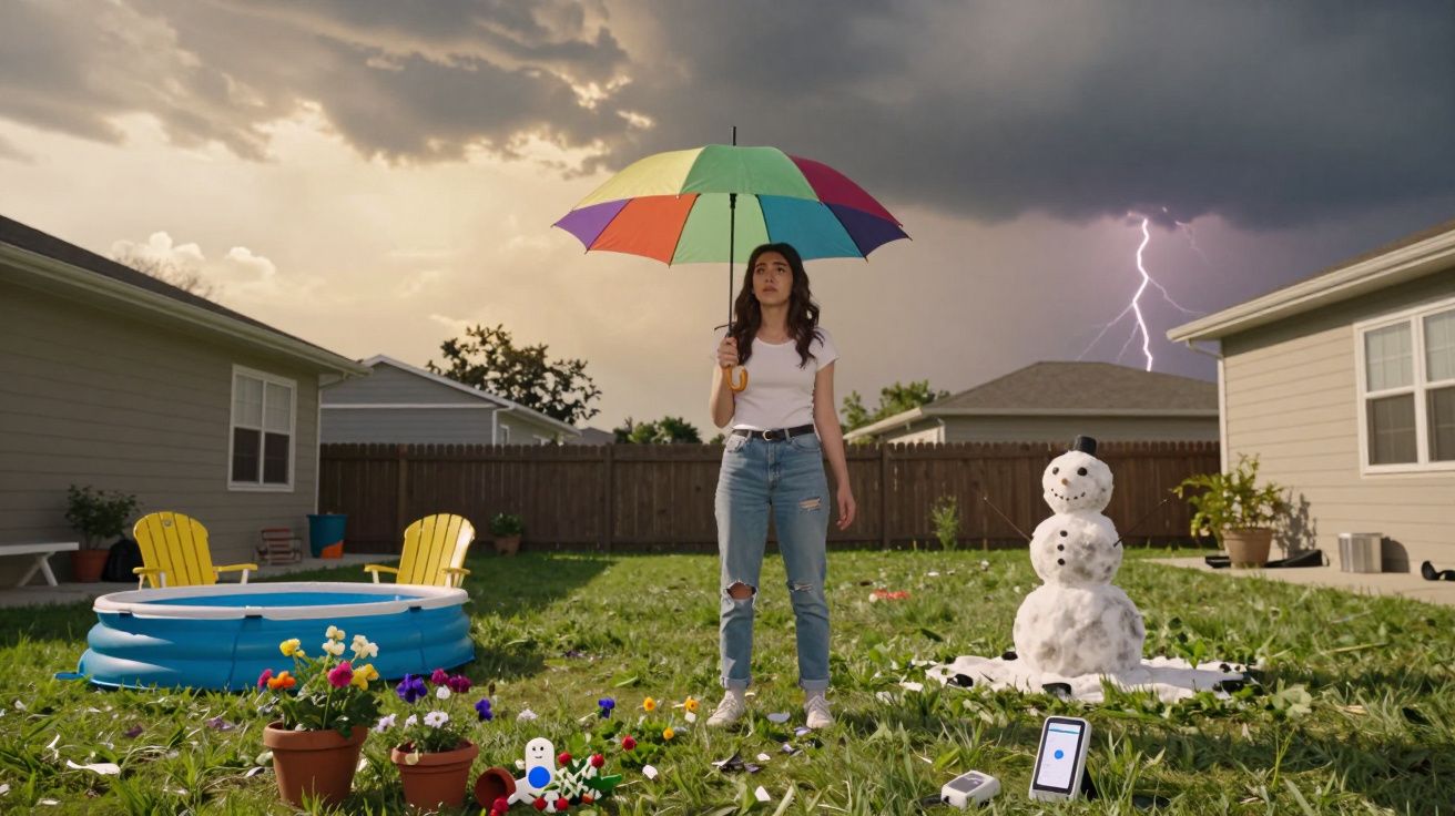 Mulher com guarda-chuva colorido em jardim com piscina insuflável, boneco de neve, relâmpago ao fundo e céu nublado.