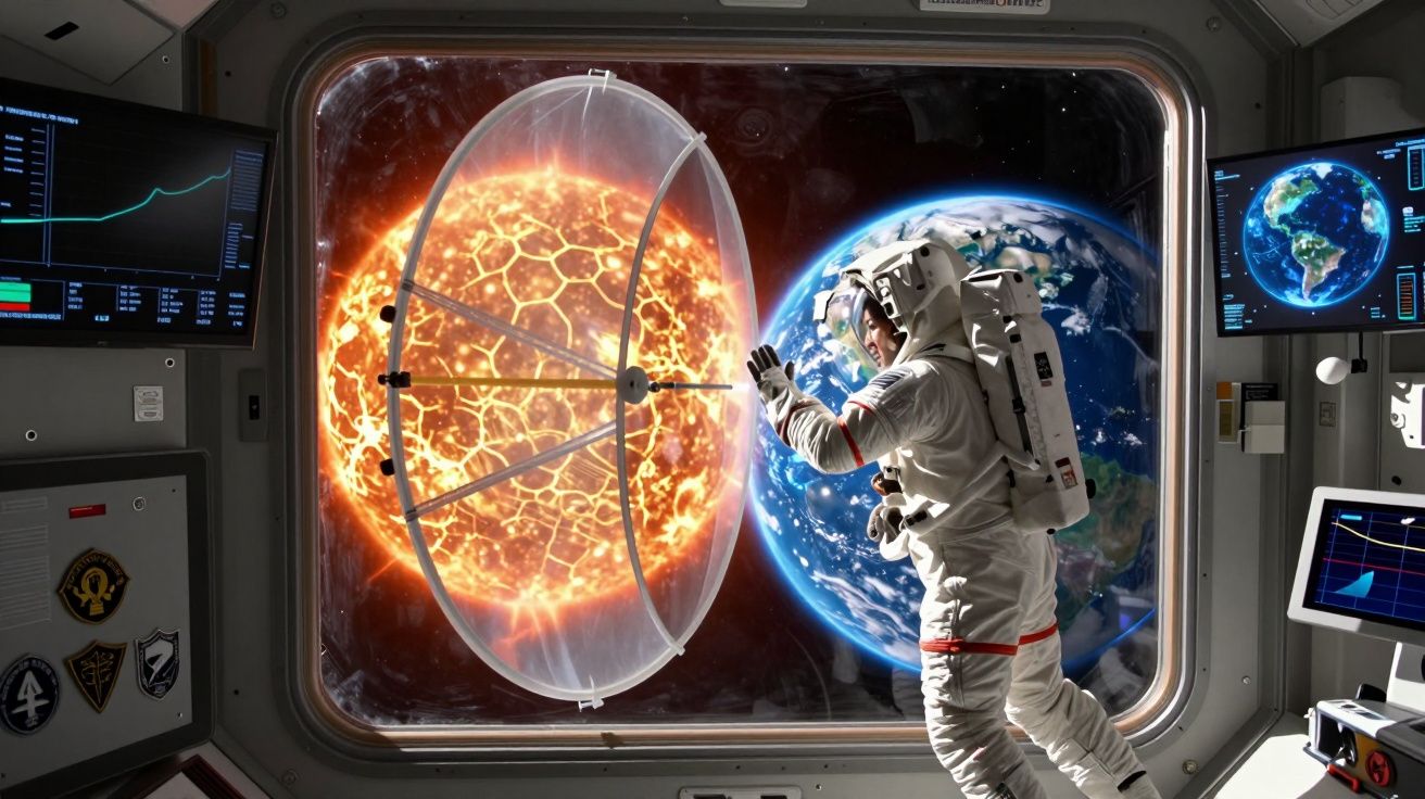Astronauta no interior de nave observa escudo transparente entre a Terra e o Sol visto do espaço.