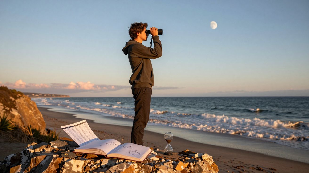 Rapaz observa a lua com binóculos na praia ao pôr do sol, junto a livros e uma ampulheta.