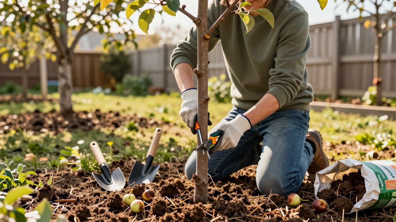 Pessoa a podar uma árvore jovem num jardim com ferramentas de jardim e solo arenoso.