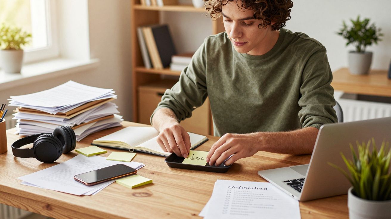 Jovem sentado numa secretária a organizar notas adesivas, com computador portátil, telemóvel e pilha de papéis.