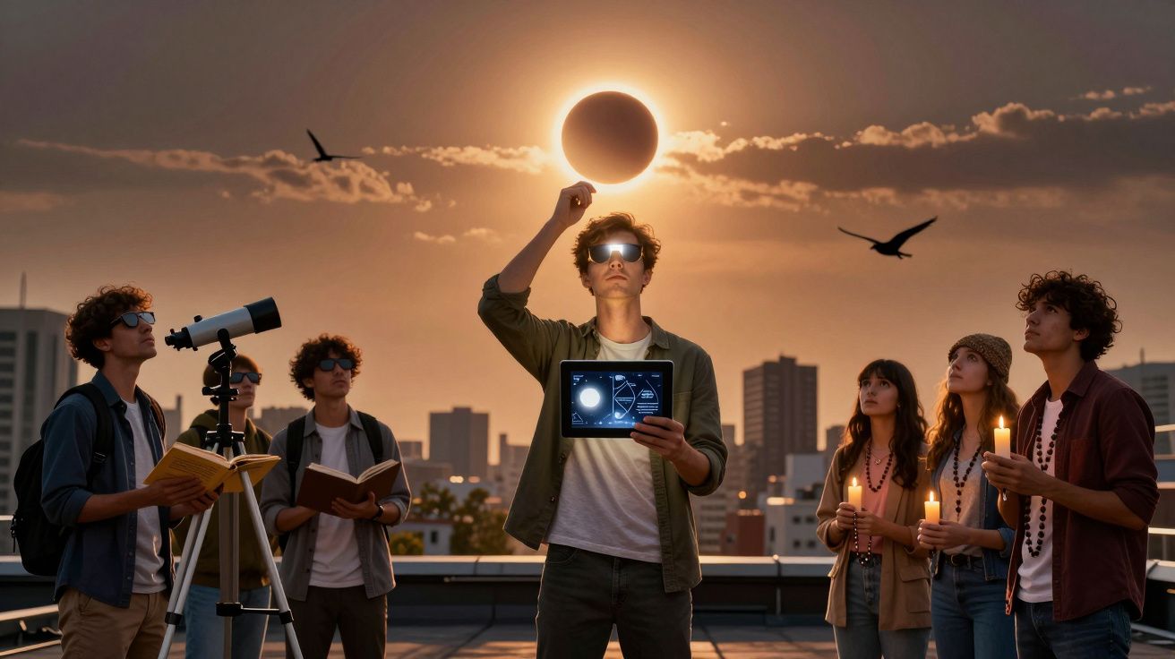 Grupo de jovens a observar eclipse solar com telescópio, livros e velas numa cidade ao entardecer.