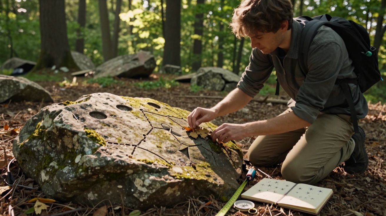 Homem ajoelhado na floresta a estudar e mapear constelações gravadas numa rocha coberta de musgo.