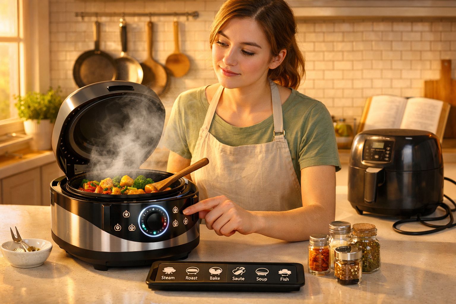 Mulher a cozinhar com uma panela elétrica moderna numa cozinha acolhedora e bem iluminada.