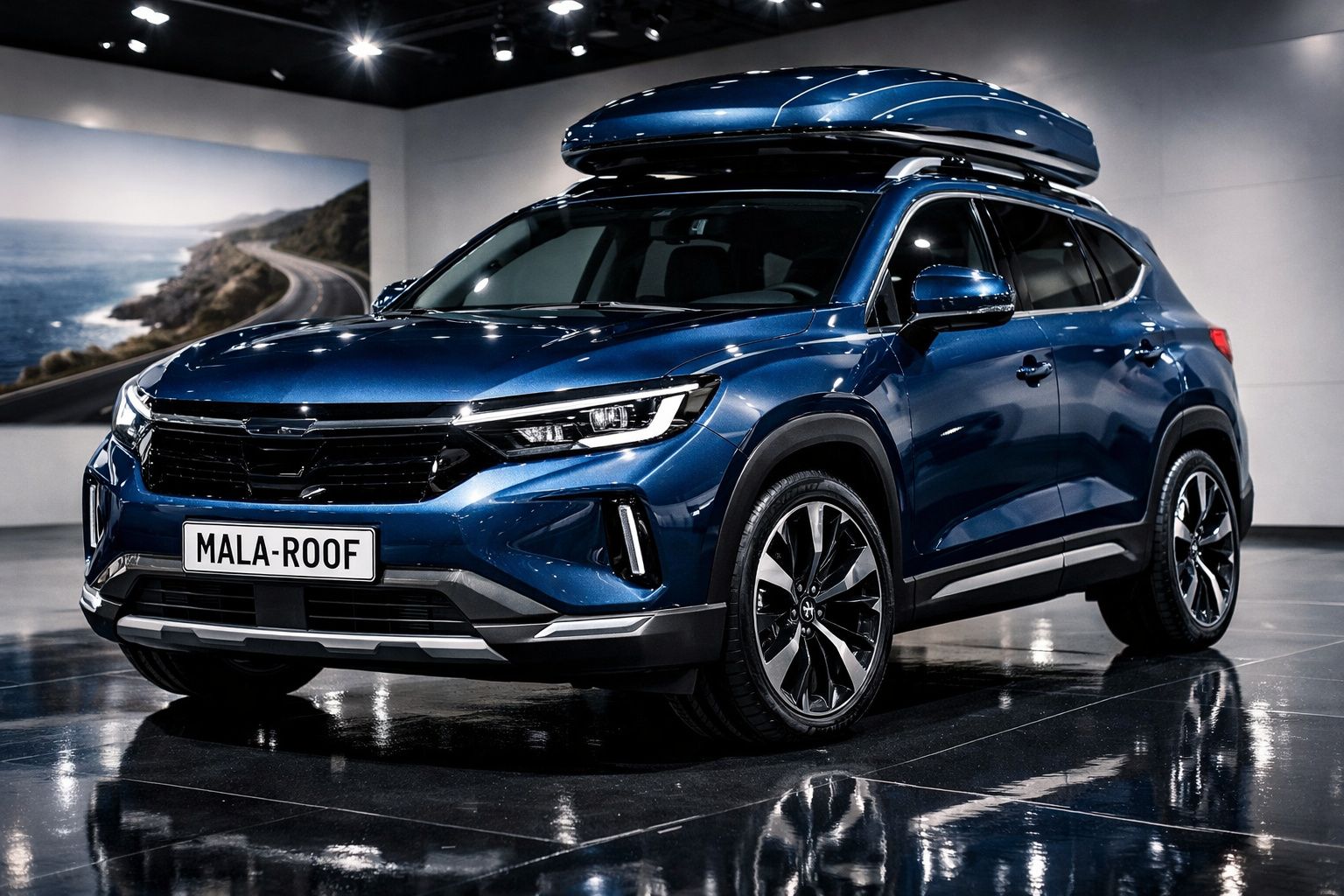 Automóvel SUV azul com mala de tejadilho exibido em exposição interior moderna.