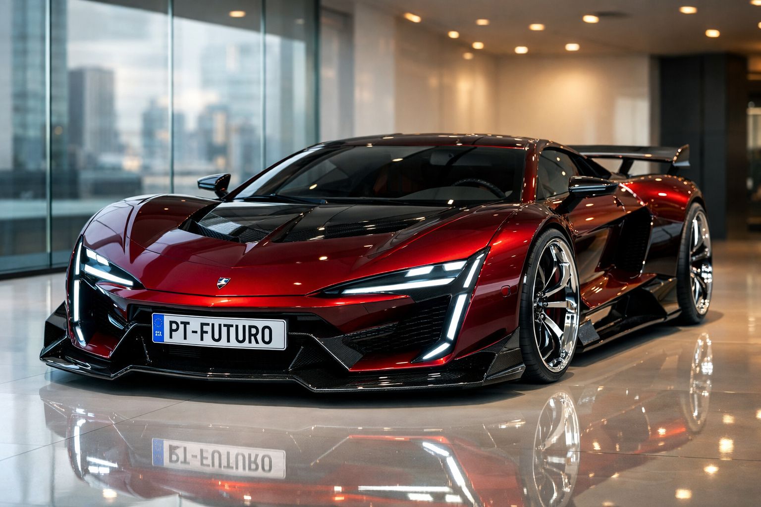 Carro desportivo vermelho metálico com design futurista estacionado em interior moderno com chão refletor.