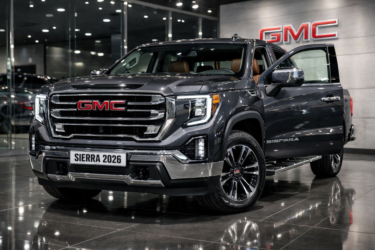 Pick-up cinzenta GMC Sierra 2026, vista frontal com porta dianteira aberta em showroom.