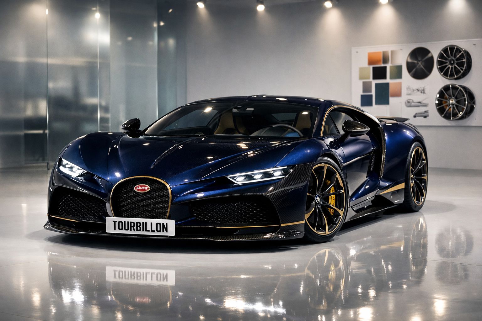 Carro desportivo Bugatti Tourbillon azul escuro numa sala moderna com rodas e amostras de cor na parede.