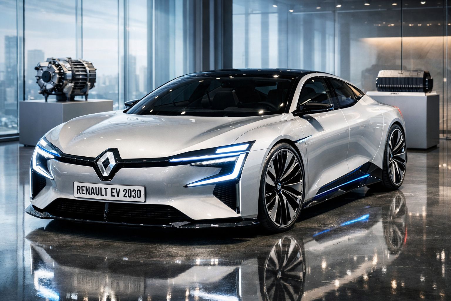 Carro elétrico concept Renault EV 2030 prata exibido num salão moderno com piso refletor.