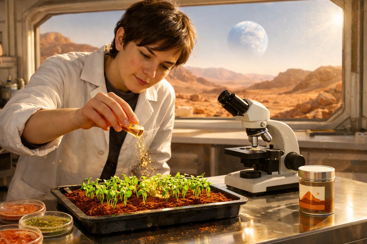 Pessoa em bata de laboratório a polvilhar pó dourado em plantas jovens num interior com microscópio, vista de planeta ao fund