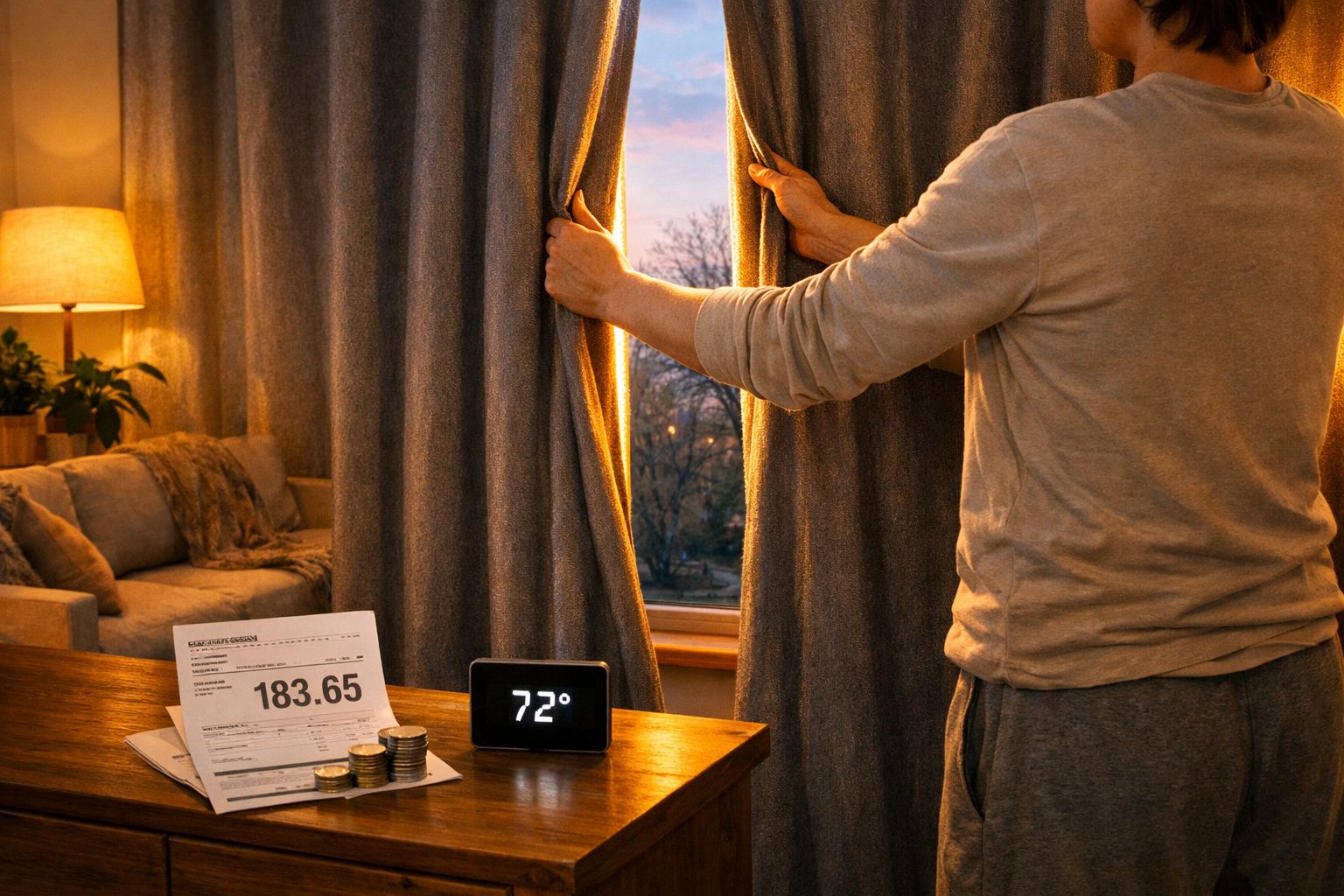 Pessoa a abrir cortinas numa sala ao entardecer com conta de energia e termómetro digital em cima da mesa.