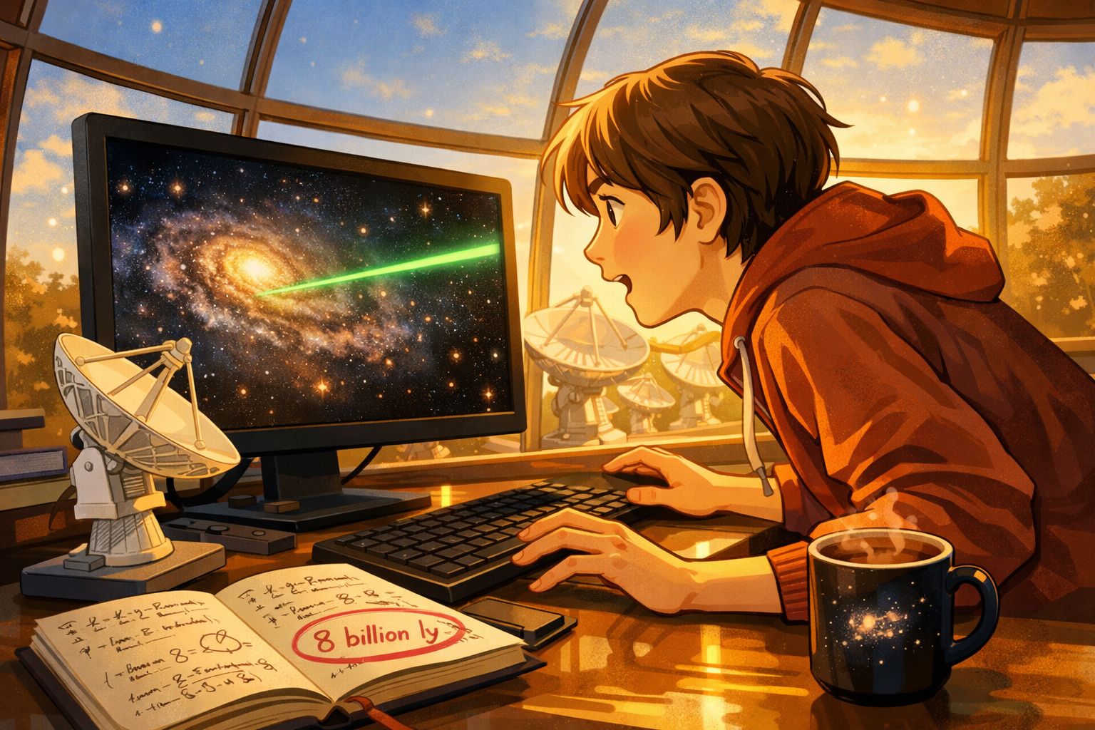 Jovem observa fascinado galáxia com raio verde no ecrã, rodeado de equipamentos e anotações astronómicas.