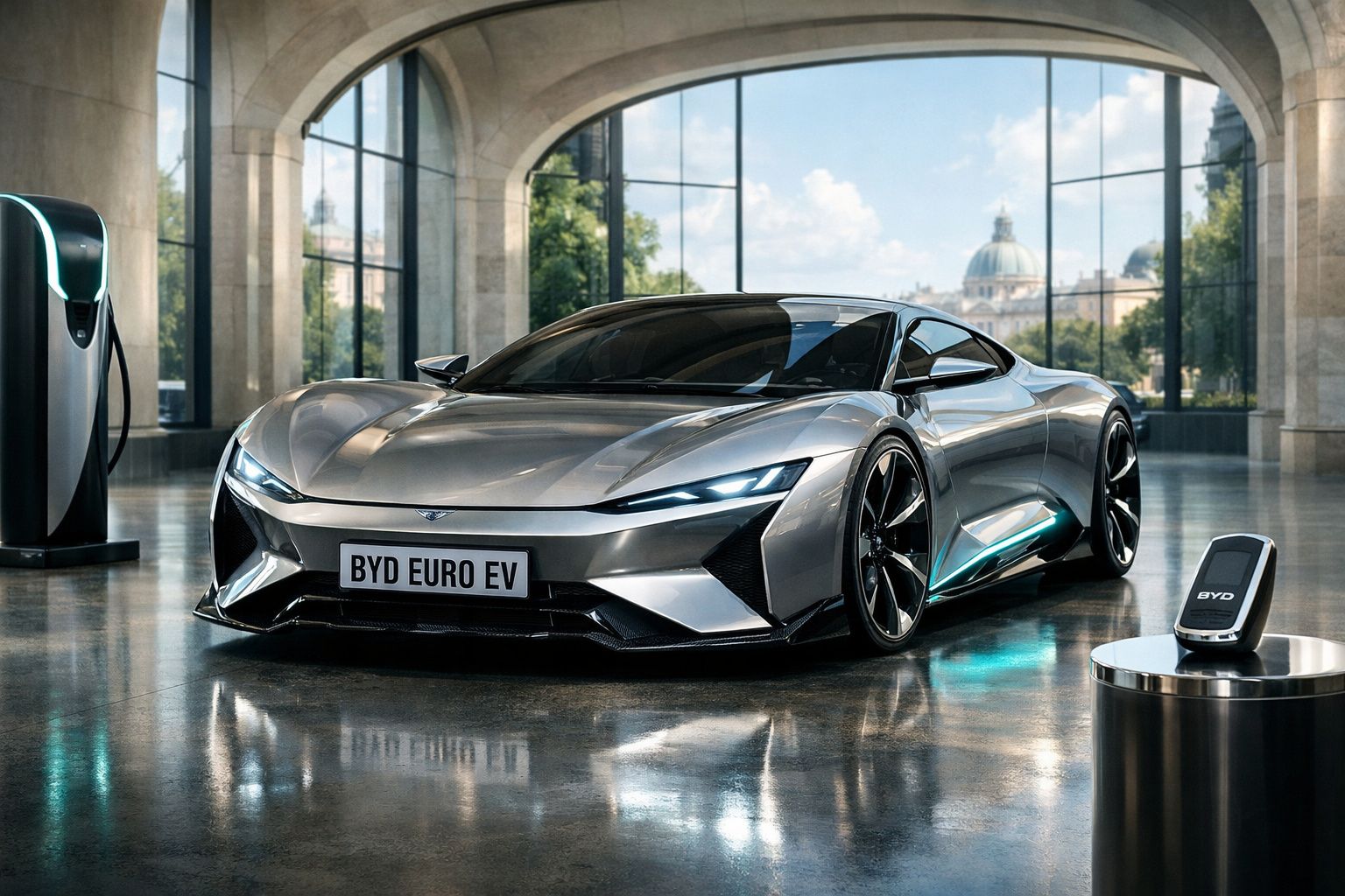 Carro elétrico desportivo prateado BYD Euro EV exibido em espaço interior moderno com vista panorâmica.