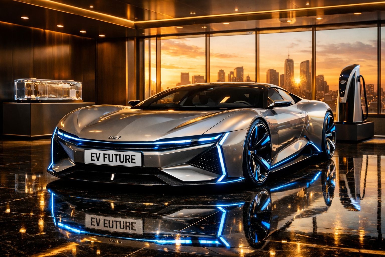 Carro desportivo elétrico futurista prata com luzes LED azuis num showroom com vista para a cidade ao pôr do sol.
