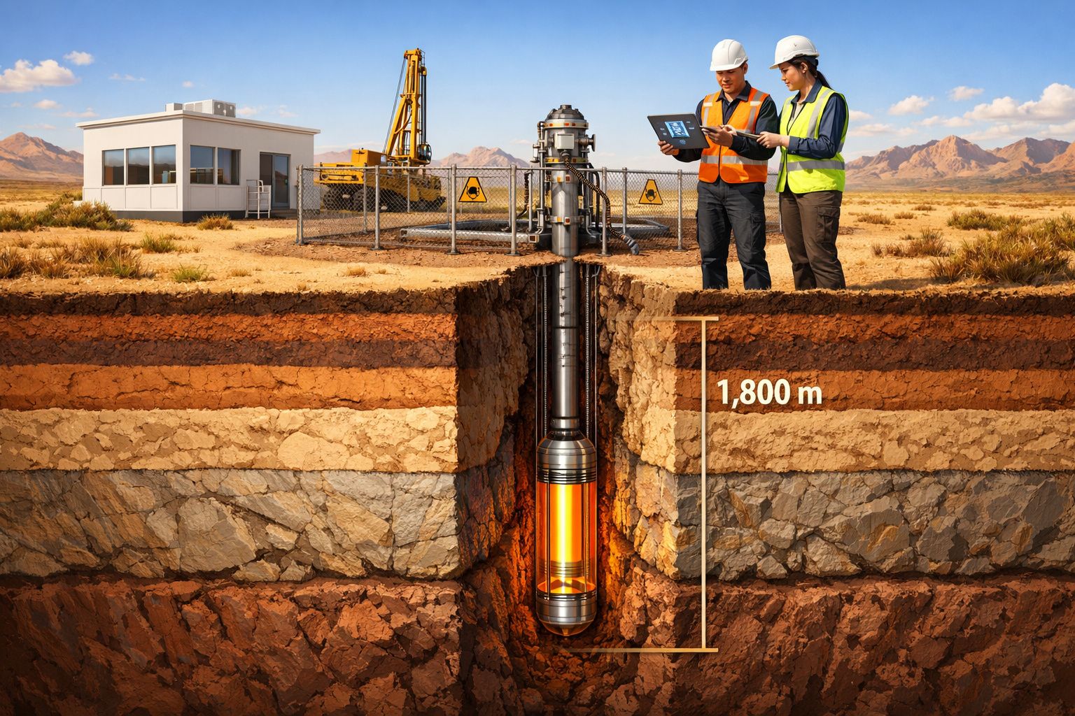 Dois engenheiros inspecionam perfuração geotérmica subterrânea a 1.800 metros de profundidade num terreno árido.