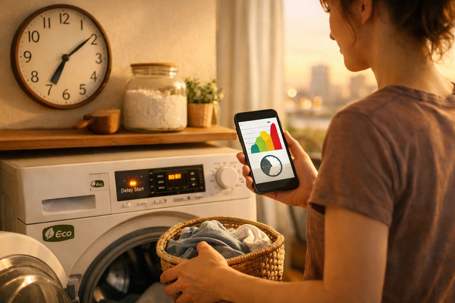 Pessoa a segurar cesta de roupa junto da máquina de lavar, consultando gráficos de consumo energético no telemóvel.