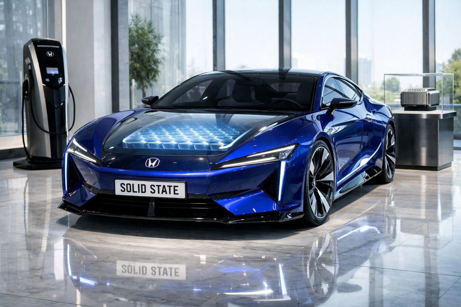Carro elétrico azul sólido expositor com placa "SOLID STATE" em espaço tecnológico com carregador elétrico.