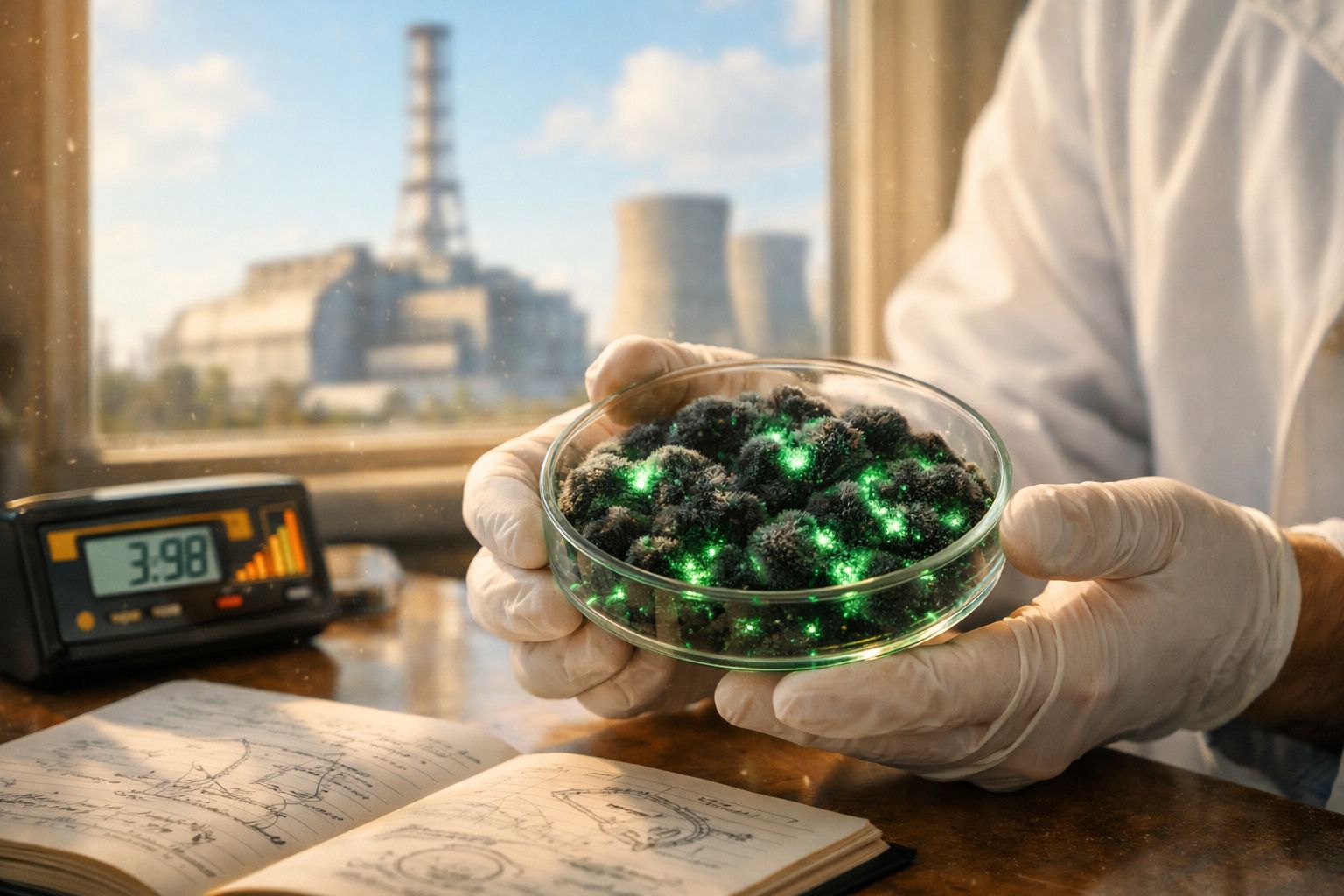 Mãos com luvas a segurar placa de Petri com material radioativo brilhante, monitor e complexo nuclear ao fundo.