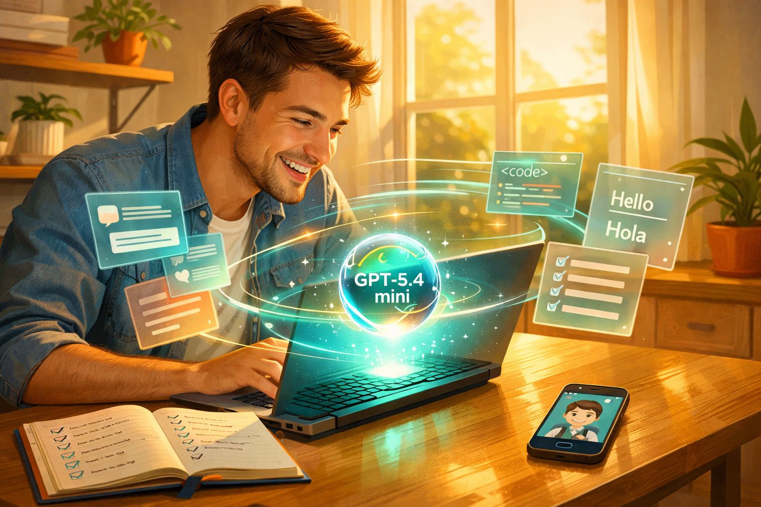Jovem sorridente a usar computador com gráficos digitais de inteligência artificial GPT-5.4 num ambiente iluminado.
