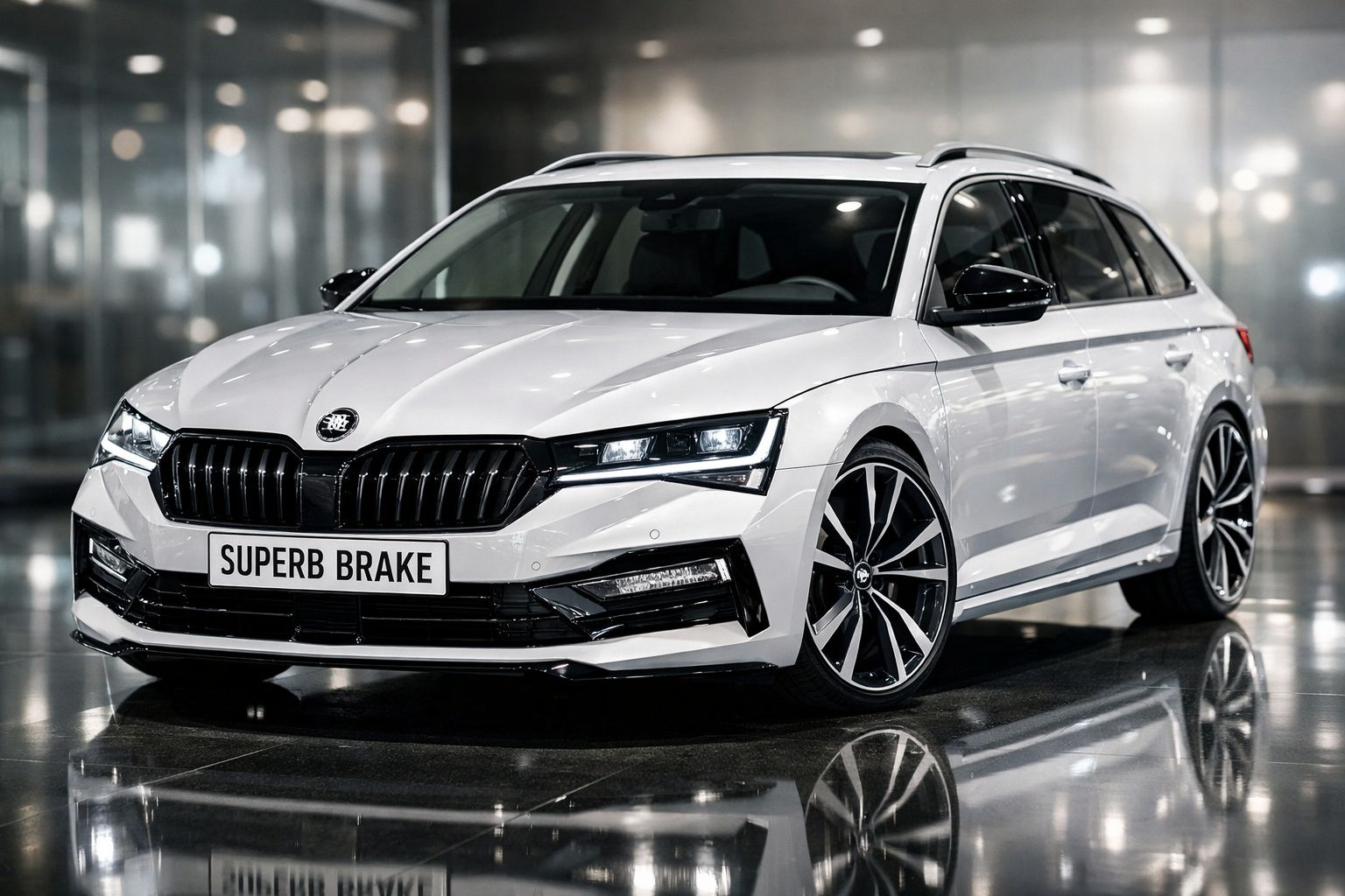 Carro Skoda Superb Break branco com design moderno, rodas desportivas e faróis LED, em salão de exposição.