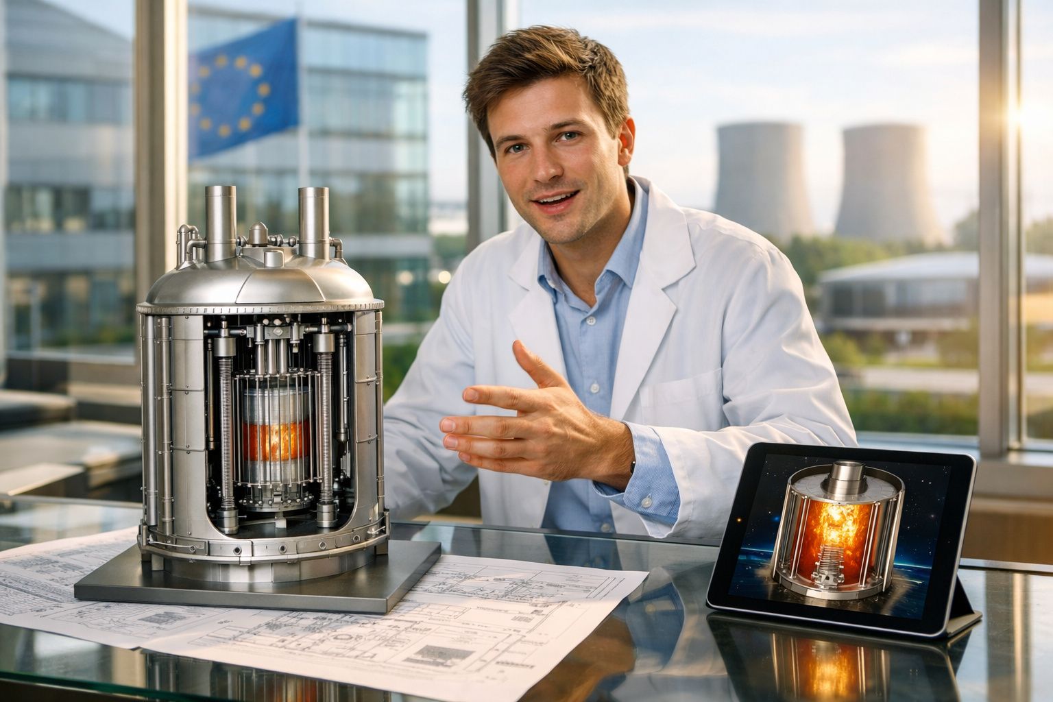 Homem com bata branca apresenta modelo metálico de reator nuclear em escritório moderno com planta e tablet ao lado.
