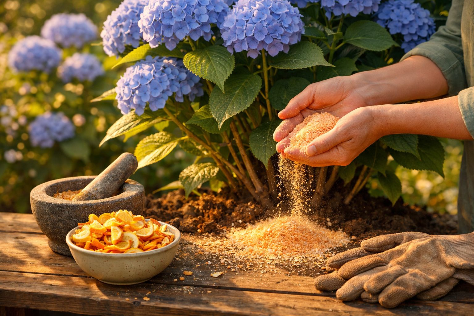 Mãos a espalhar fertilizante natural perto de hortênsias azuis com pilão, tigela de cascas e luvas.