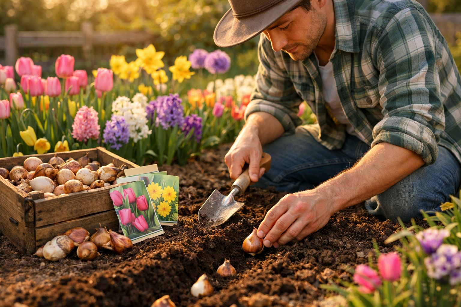 Homem com chapéu planta bolbos de flores num canteiro junto a uma caixa com bolbos e cartões coloridos.