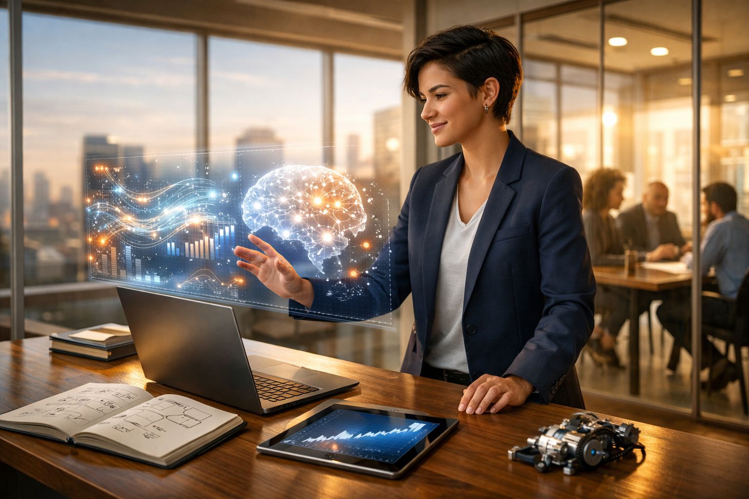 Mulher em escritório interage com holograma de cérebro digital e gráficos tecnológicos num ambiente profissional.
