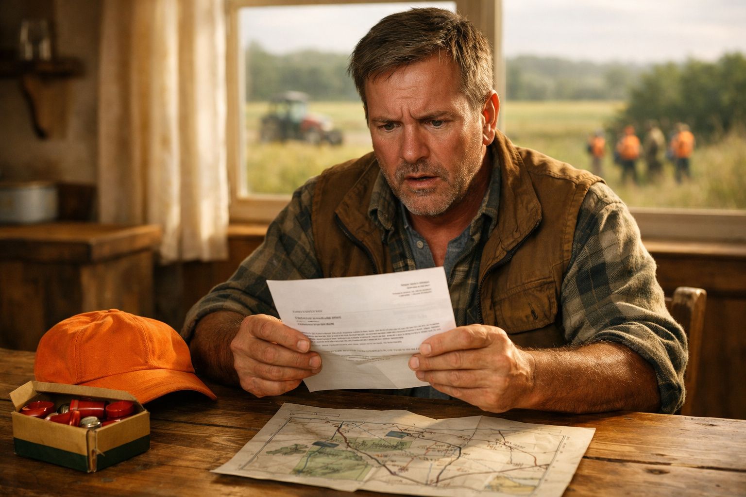 Homem preocupado lê carta sentado numa mesa com mapa, caixa de balas e chapéu laranja, em ambiente rural.