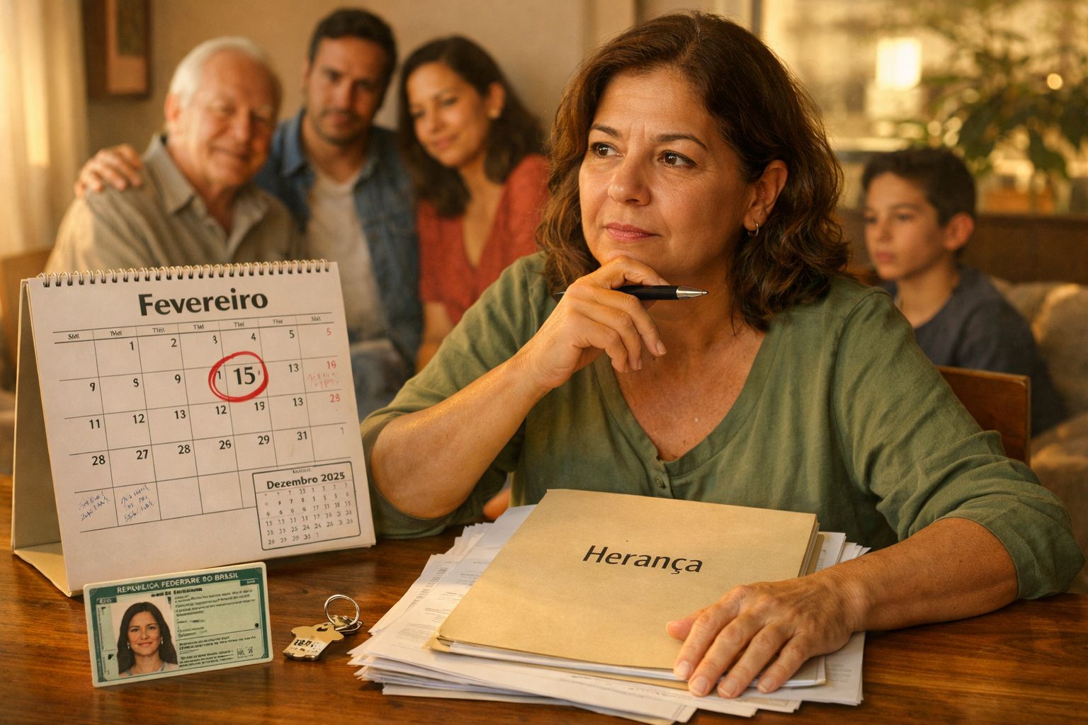 Mulher pensativa com documentos de herança, calendário e família ao fundo num ambiente doméstico.