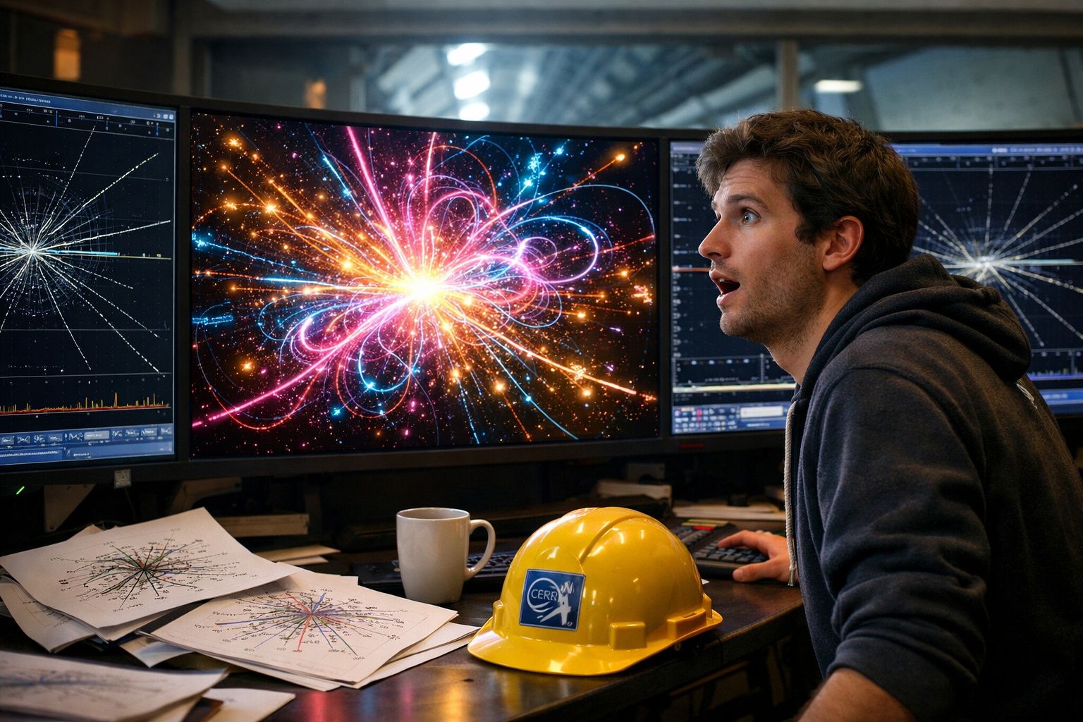 Homem observando gráfico animado de partículas com capacete do CERN sobre mesa com papéis e caneca.