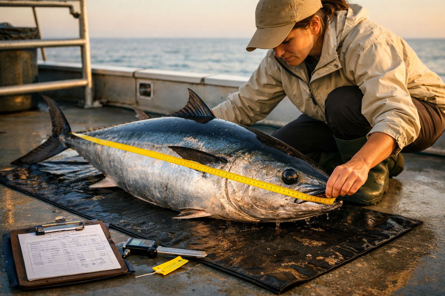 Mulher a medir com fita métrica um atum gigante numa embarcação de pesca no mar.